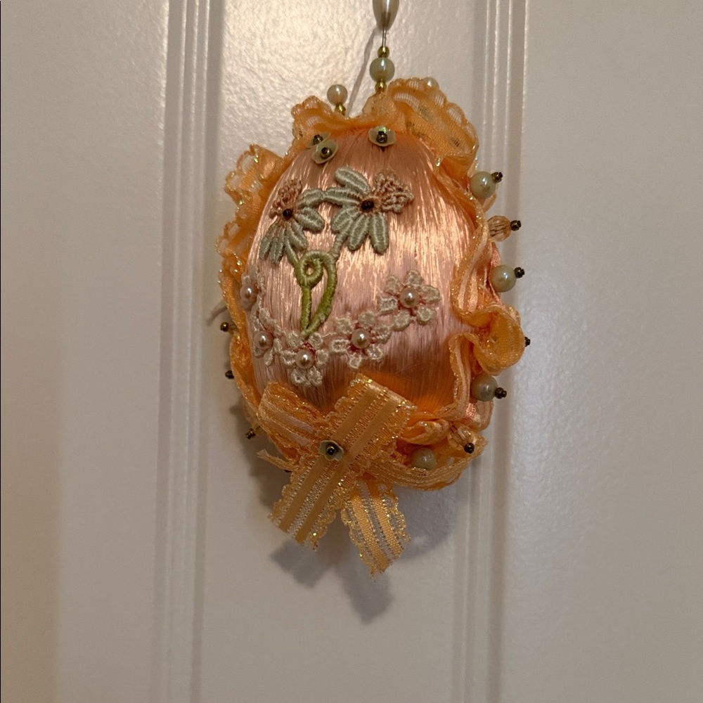 Handmade Embroidered‎ Orange Easter Egg Ornament with Floral Design